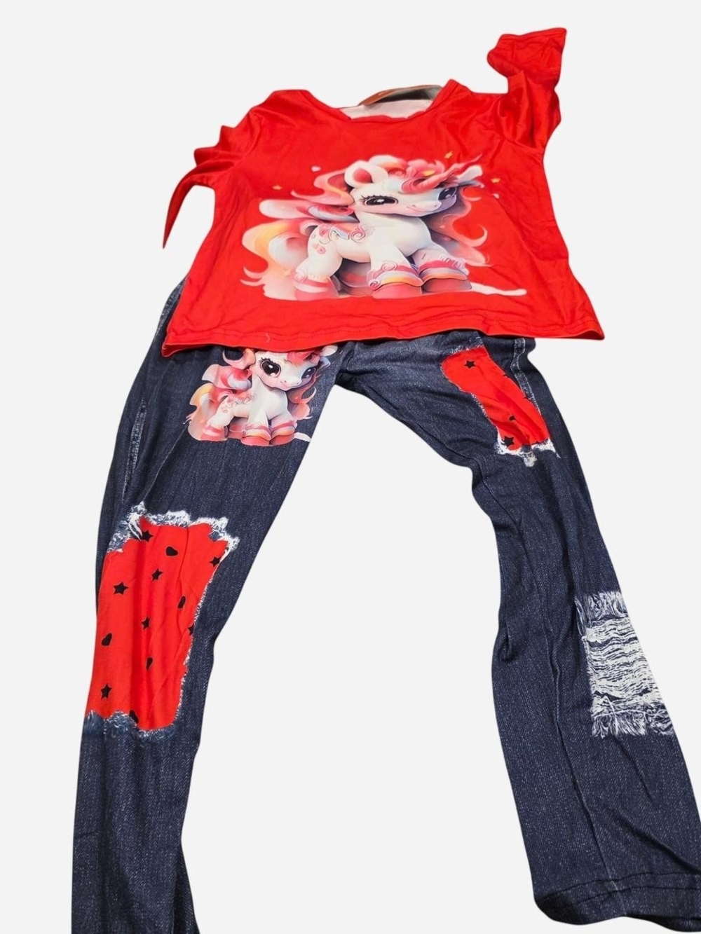 PatPat Red Unicorn Graphic Top and Jeans-Style Leggings Kids Matching Set